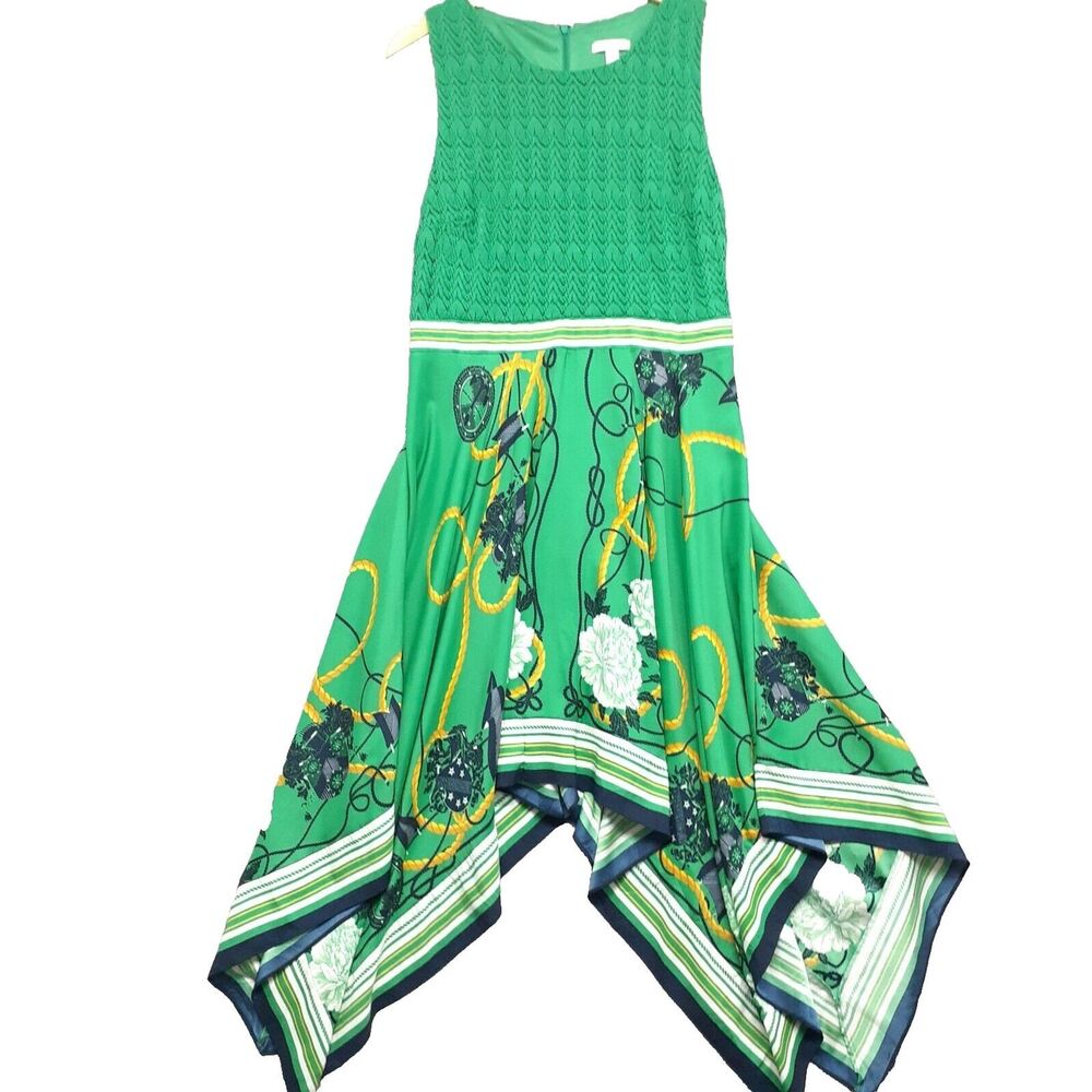 New York & Company Green Floral Handkerchief Hem Midi Dress